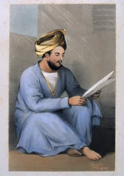 Capitão Johnstone, Serviço do Xá, sentado lendo em vestimenta afegã, 1842